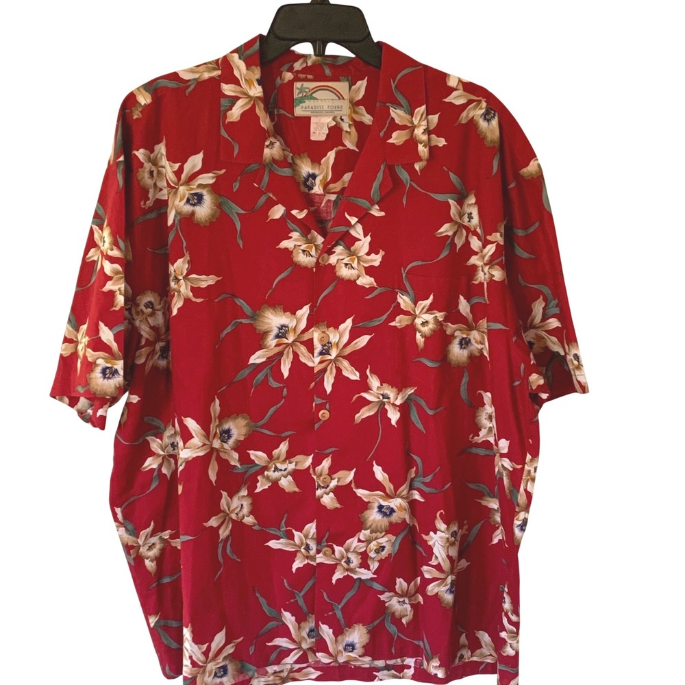 Vintage Paradise Found 2XL Hawaiian Shirt Red Orchid Floral Cotton Made Hawaii